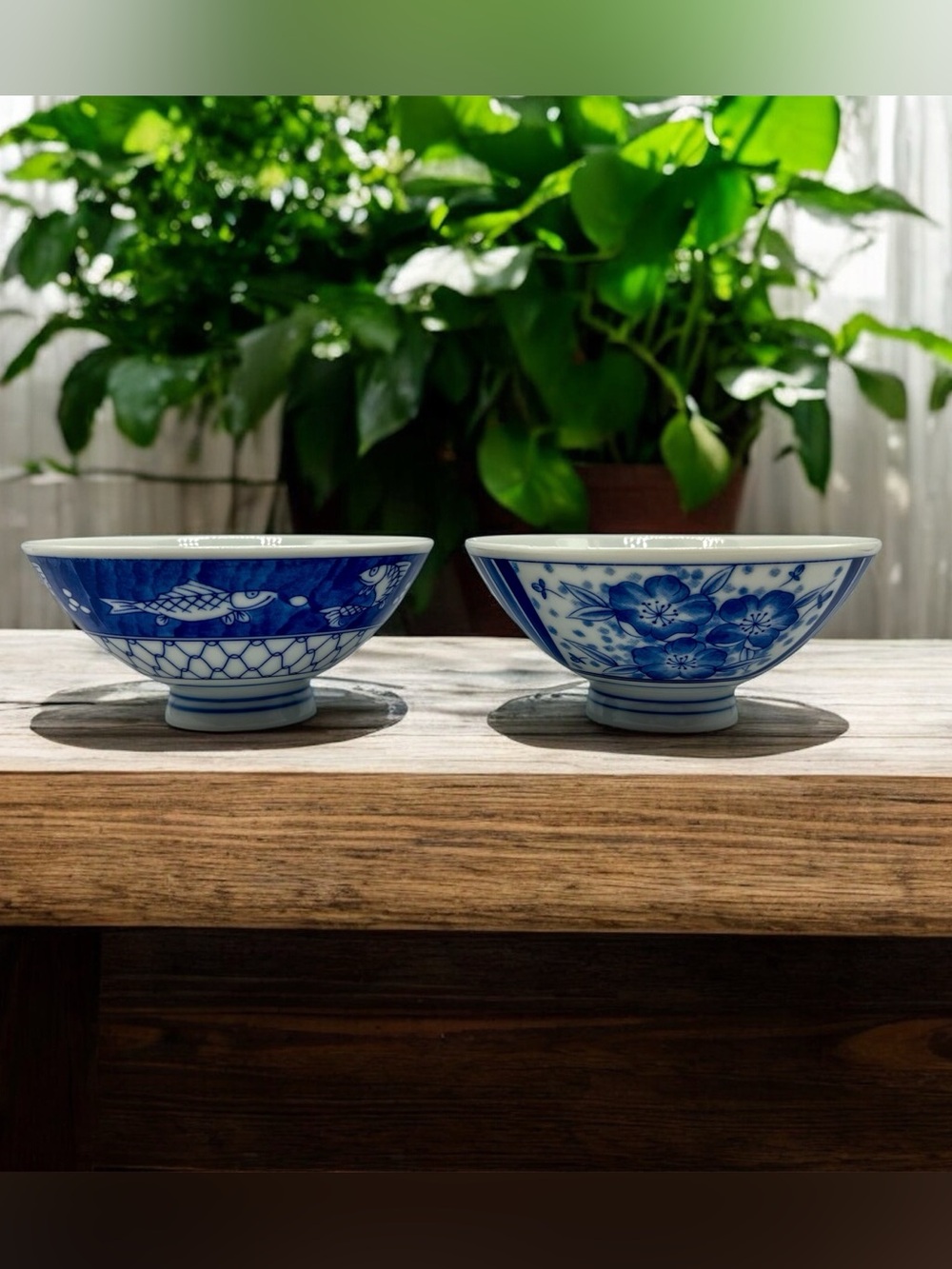 Vintage Pier 1 Blue & White Footed Porcelain Bowls for Rice / Soup, 2pc Set